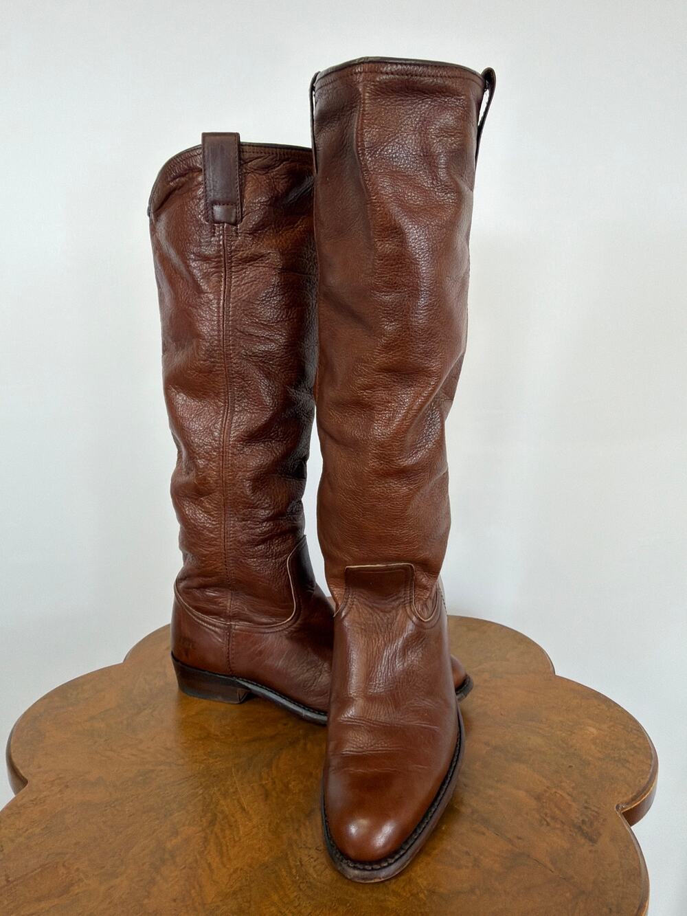 Frye Brown Leather Pull On Tall Riding Boots Made SPAIN Women's Size 7.5